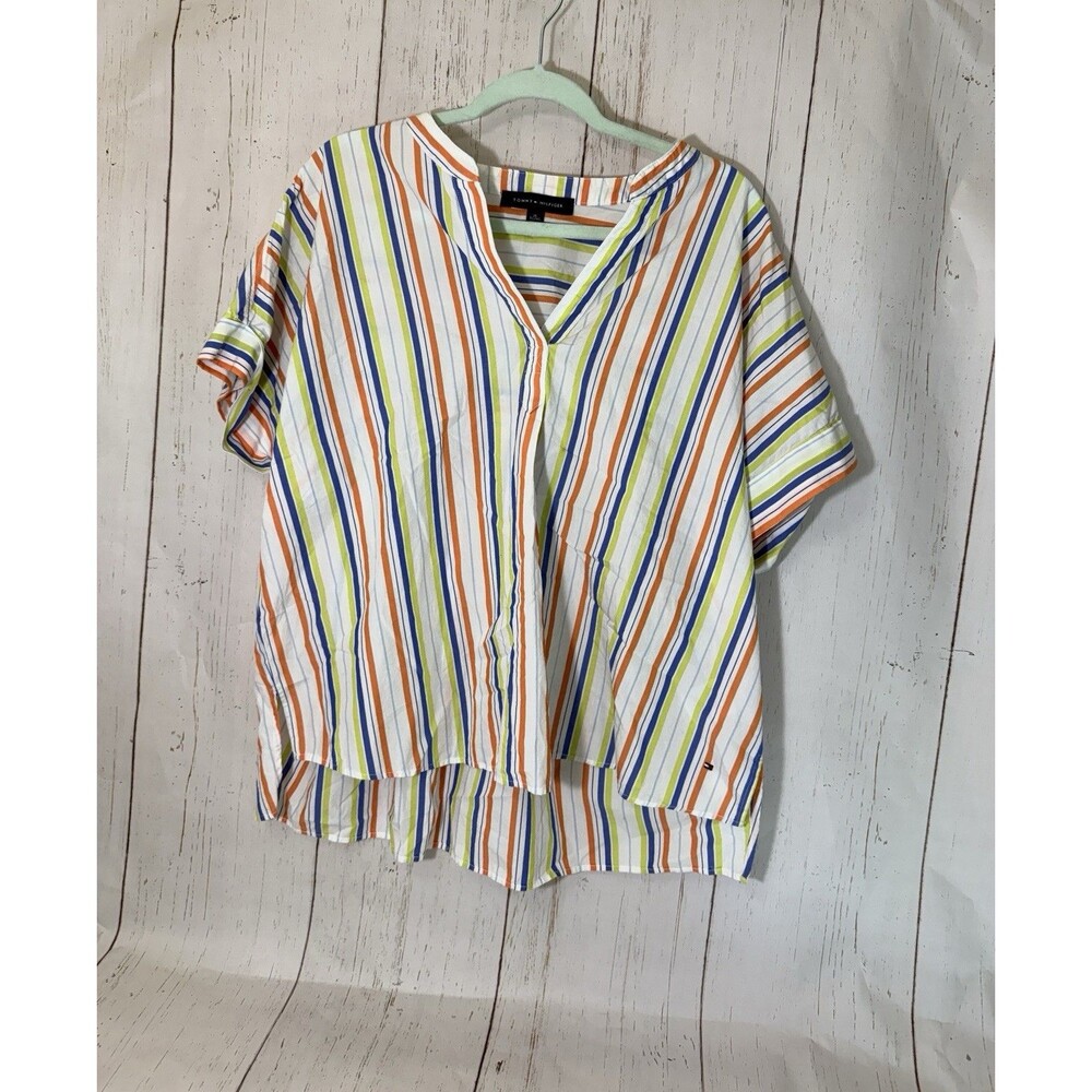 Tommy Hilfiger Striped Blouse Womens XL 100% Cotton Colorful Summer Tunic Top